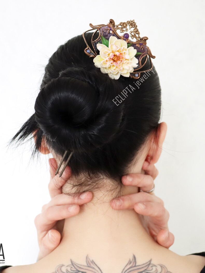 Шпилька для волос Пион полимерная глина, винтажная шпилька с цветком