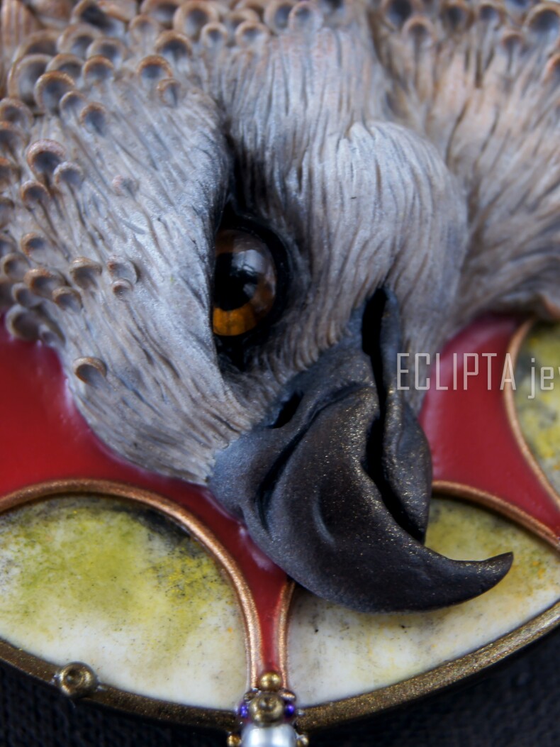 Брошь-кулон Гарпия из полимерной глины, птица украшение винтаж Ар Нуво
