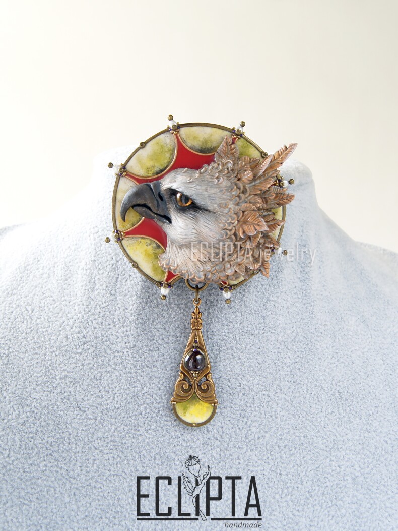 Брошь-кулон Гарпия из полимерной глины, птица украшение винтаж Ар Нуво