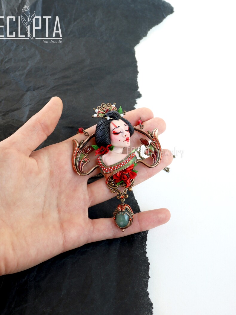 Кулон Гейша из полимерной глины, скульптурная миниатюра, Япония
