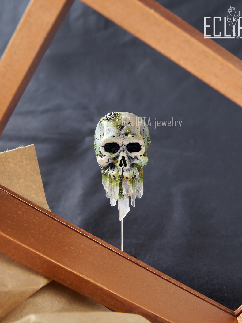 Брошь-игла Череп из полимерной глины, череп человека украшение фентези