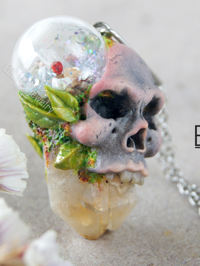 Кулон-шейкер череп из полимерной глины, цитрин, фентези череп украшение