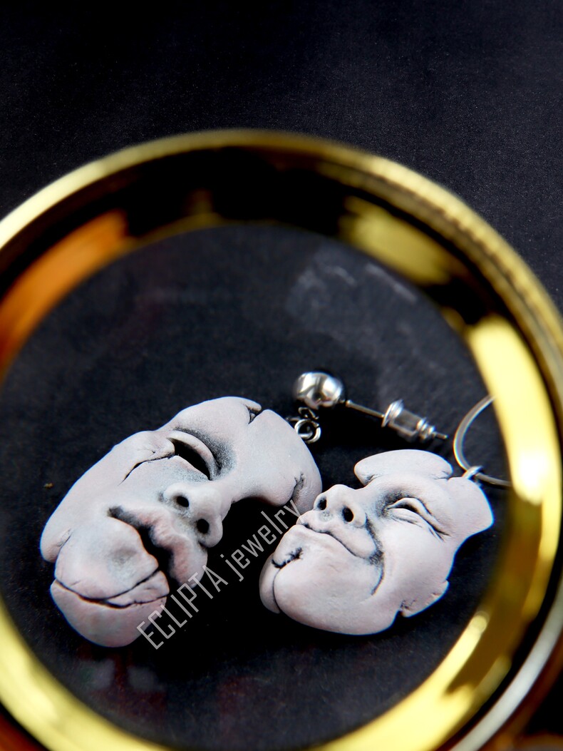 Серьги асимметрия Отражения из полимерной глины, серьги лица маски, подарок психологу